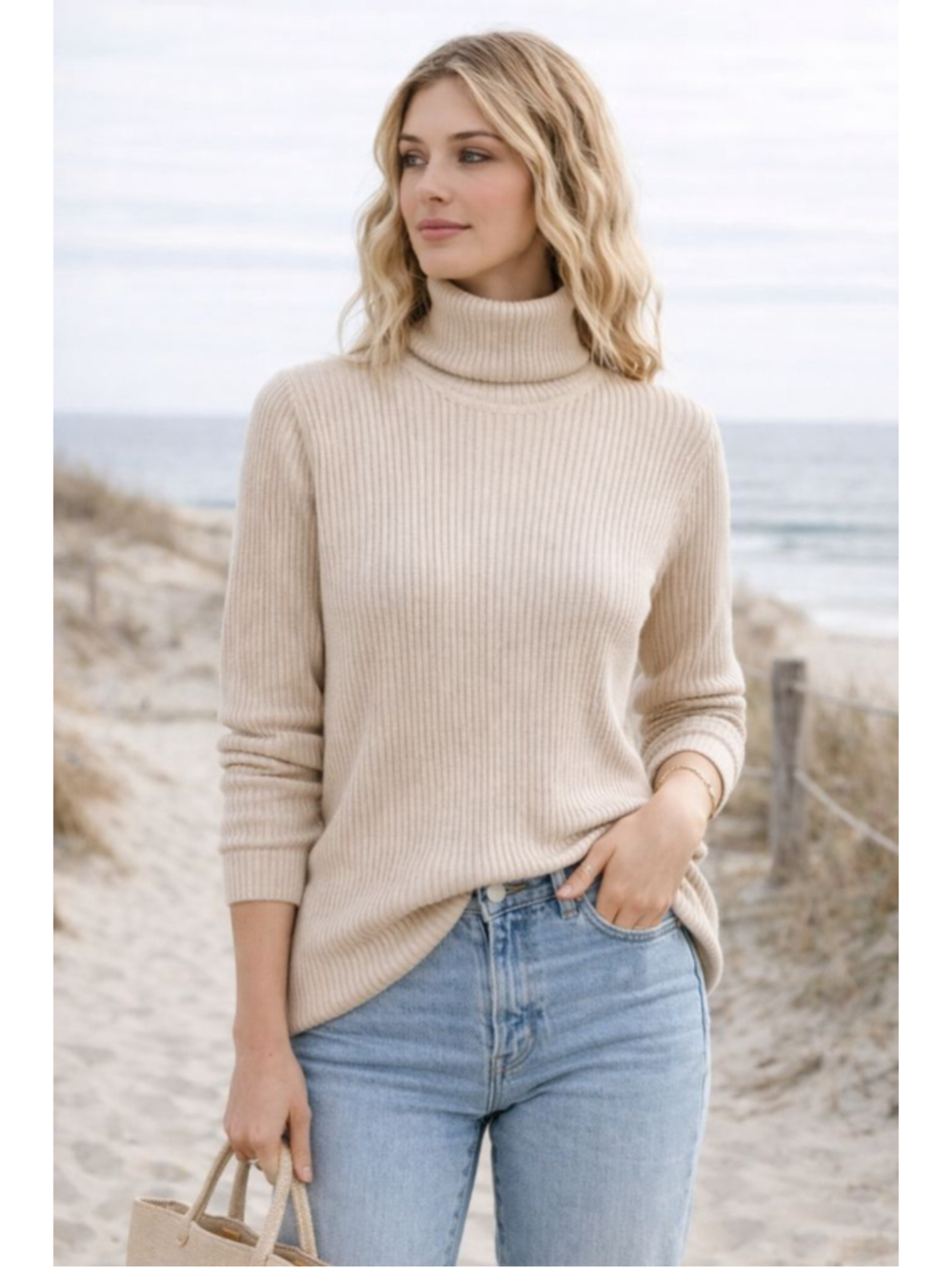 Cream Ribbed Turtleneck Sweater Quiet Luxury Minimalist Layering Knit Medium
